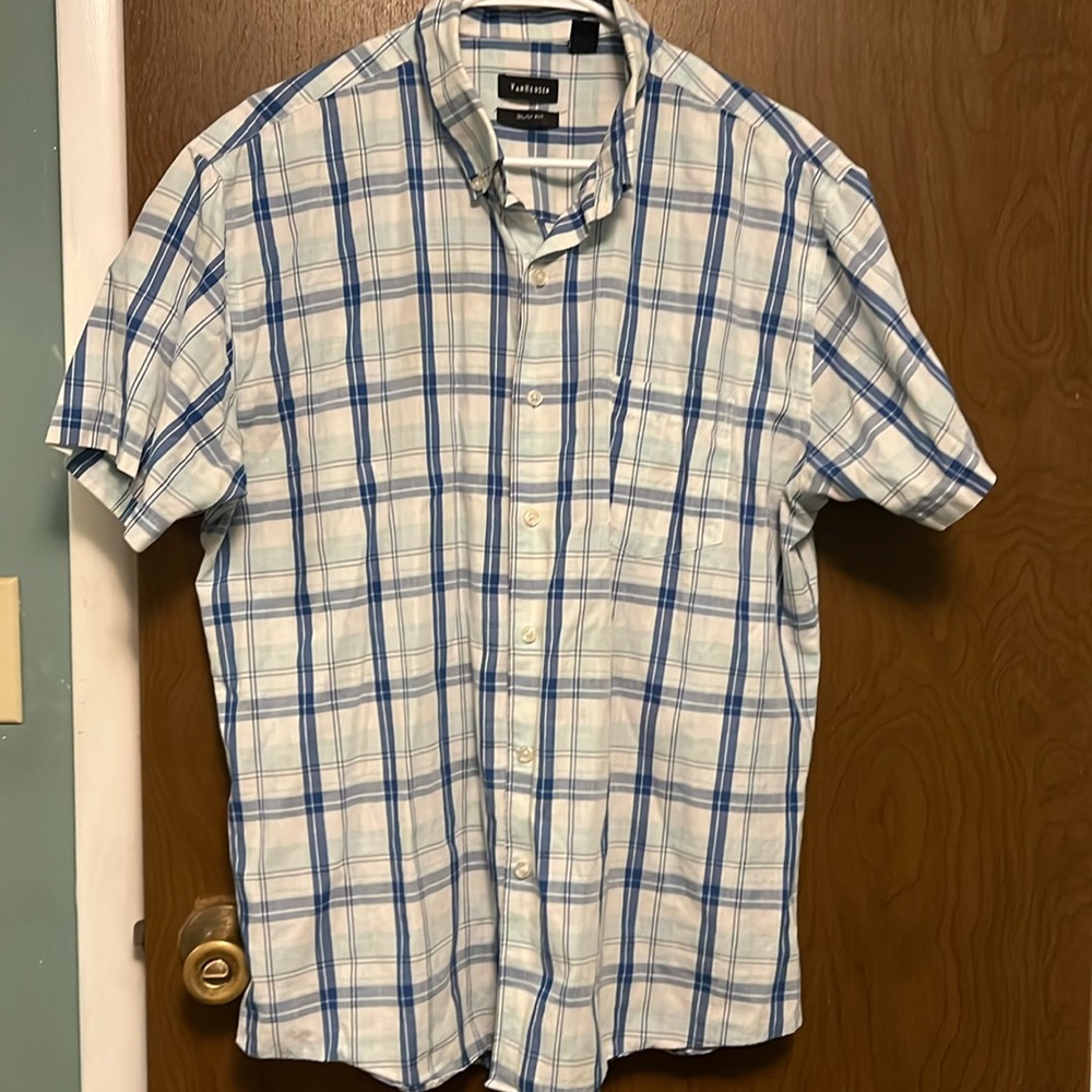 Van Heusen blue plaid shirt sleeve button down shirt size XL
